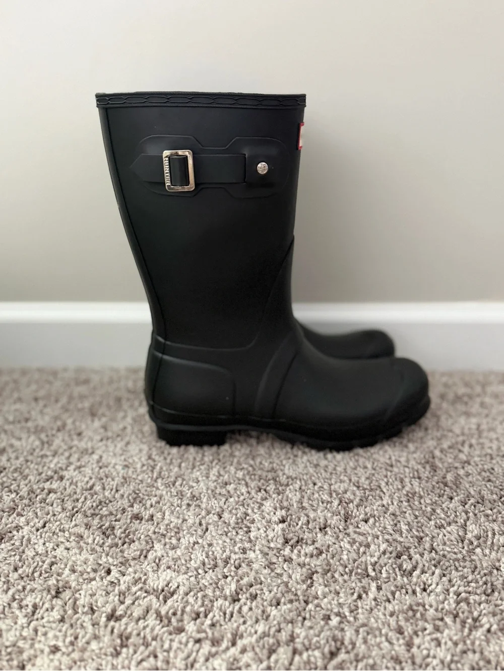 Hunter Black Matte Mid-Calf Rain Boots with Red Logo